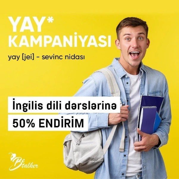 Be Talker post on a yellow background: 'YAY* kampaniyası, yay [jei] - sevinc nidası', with a 50% discount on English lessons.